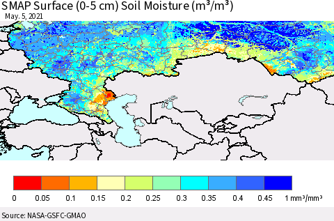 Russian Federation SMAP Surface (0-5 cm) Soil Moisture (m³/m³) Thematic Map For 5/1/2021 - 5/5/2021
