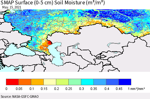 Russian Federation SMAP Surface (0-5 cm) Soil Moisture (m³/m³) Thematic Map For 5/11/2021 - 5/15/2021