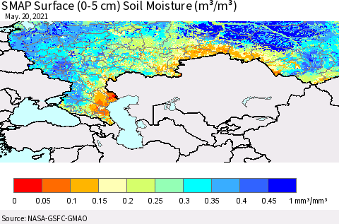 Russian Federation SMAP Surface (0-5 cm) Soil Moisture (m³/m³) Thematic Map For 5/16/2021 - 5/20/2021
