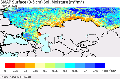Russian Federation SMAP Surface (0-5 cm) Soil Moisture (m³/m³) Thematic Map For 5/21/2021 - 5/25/2021