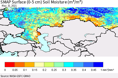 Russian Federation SMAP Surface (0-5 cm) Soil Moisture (m³/m³) Thematic Map For 5/26/2021 - 5/31/2021