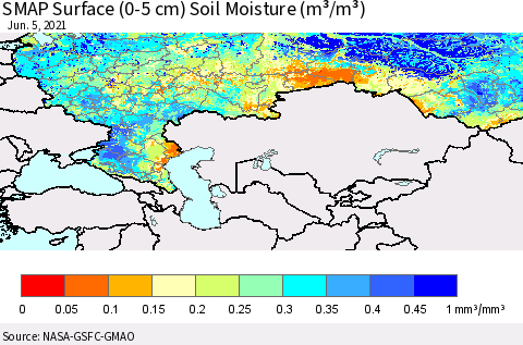 Russian Federation SMAP Surface (0-5 cm) Soil Moisture (m³/m³) Thematic Map For 6/1/2021 - 6/5/2021