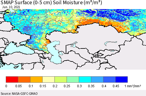 Russian Federation SMAP Surface (0-5 cm) Soil Moisture (m³/m³) Thematic Map For 6/6/2021 - 6/10/2021