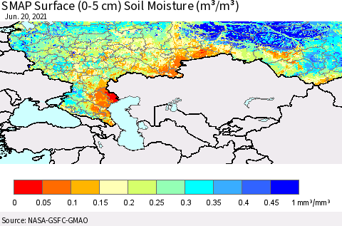 Russian Federation SMAP Surface (0-5 cm) Soil Moisture (m³/m³) Thematic Map For 6/16/2021 - 6/20/2021