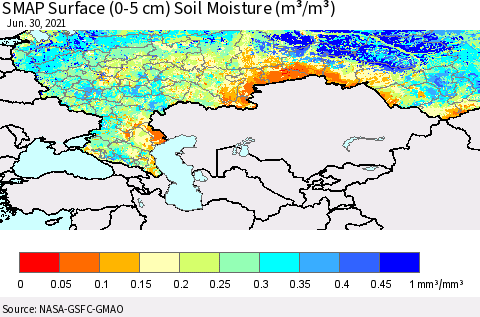 Russian Federation SMAP Surface (0-5 cm) Soil Moisture (m³/m³) Thematic Map For 6/26/2021 - 6/30/2021