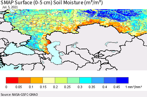 Russian Federation SMAP Surface (0-5 cm) Soil Moisture (m³/m³) Thematic Map For 7/1/2021 - 7/5/2021