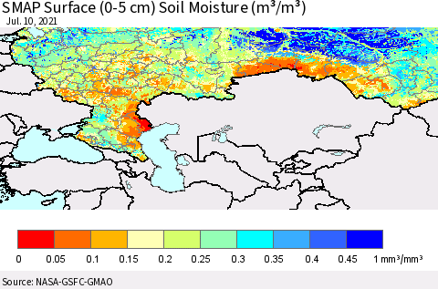 Russian Federation SMAP Surface (0-5 cm) Soil Moisture (m³/m³) Thematic Map For 7/6/2021 - 7/10/2021