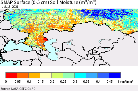 Russian Federation SMAP Surface (0-5 cm) Soil Moisture (m³/m³) Thematic Map For 7/11/2021 - 7/15/2021