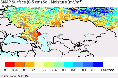 Russian Federation SMAP Surface (0-5 cm) Soil Moisture (m³/m³) Thematic Map For 7/16/2021 - 7/20/2021