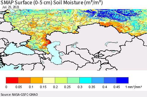 Russian Federation SMAP Surface (0-5 cm) Soil Moisture (m³/m³) Thematic Map For 7/21/2021 - 7/25/2021