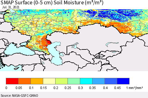 Russian Federation SMAP Surface (0-5 cm) Soil Moisture (m³/m³) Thematic Map For 7/26/2021 - 7/31/2021