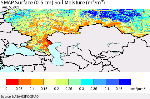 Russian Federation SMAP Surface (0-5 cm) Soil Moisture (m³/m³) Thematic Map For 8/1/2021 - 8/5/2021