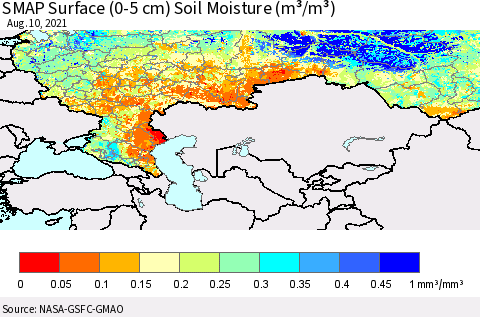 Russian Federation SMAP Surface (0-5 cm) Soil Moisture (m³/m³) Thematic Map For 8/6/2021 - 8/10/2021