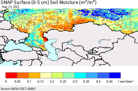 Russian Federation SMAP Surface (0-5 cm) Soil Moisture (m³/m³) Thematic Map For 8/11/2021 - 8/15/2021