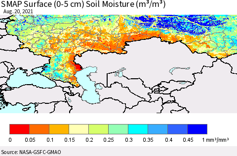 Russian Federation SMAP Surface (0-5 cm) Soil Moisture (m³/m³) Thematic Map For 8/16/2021 - 8/20/2021