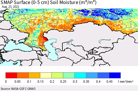 Russian Federation SMAP Surface (0-5 cm) Soil Moisture (m³/m³) Thematic Map For 8/21/2021 - 8/25/2021