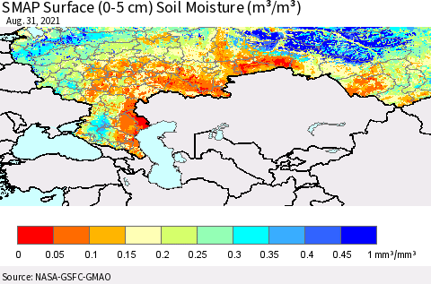 Russian Federation SMAP Surface (0-5 cm) Soil Moisture (m³/m³) Thematic Map For 8/26/2021 - 8/31/2021