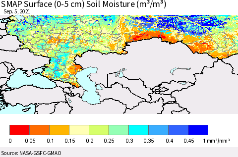 Russian Federation SMAP Surface (0-5 cm) Soil Moisture (m³/m³) Thematic Map For 9/1/2021 - 9/5/2021