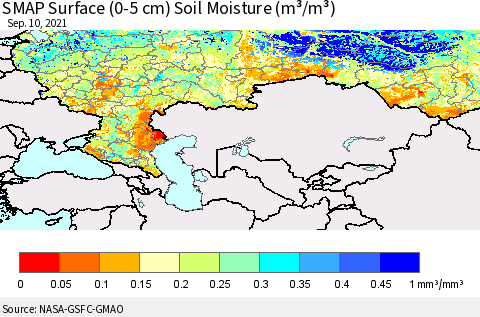 Russian Federation SMAP Surface (0-5 cm) Soil Moisture (m³/m³) Thematic Map For 9/6/2021 - 9/10/2021