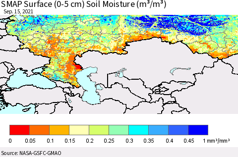 Russian Federation SMAP Surface (0-5 cm) Soil Moisture (m³/m³) Thematic Map For 9/11/2021 - 9/15/2021