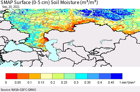 Russian Federation SMAP Surface (0-5 cm) Soil Moisture (m³/m³) Thematic Map For 9/16/2021 - 9/20/2021