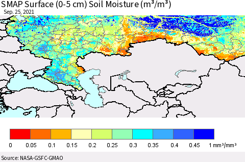 Russian Federation SMAP Surface (0-5 cm) Soil Moisture (m³/m³) Thematic Map For 9/21/2021 - 9/25/2021