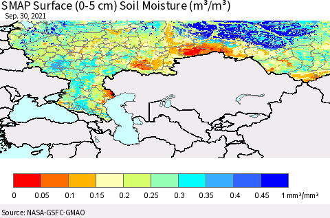 Russian Federation SMAP Surface (0-5 cm) Soil Moisture (m³/m³) Thematic Map For 9/26/2021 - 9/30/2021
