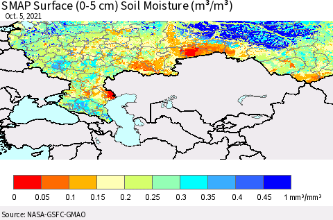 Russian Federation SMAP Surface (0-5 cm) Soil Moisture (m³/m³) Thematic Map For 10/1/2021 - 10/5/2021