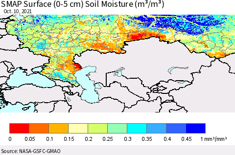 Russian Federation SMAP Surface (0-5 cm) Soil Moisture (m³/m³) Thematic Map For 10/6/2021 - 10/10/2021