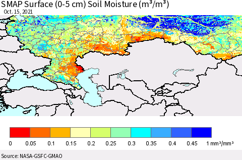 Russian Federation SMAP Surface (0-5 cm) Soil Moisture (m³/m³) Thematic Map For 10/11/2021 - 10/15/2021
