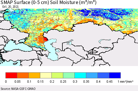 Russian Federation SMAP Surface (0-5 cm) Soil Moisture (m³/m³) Thematic Map For 10/16/2021 - 10/20/2021