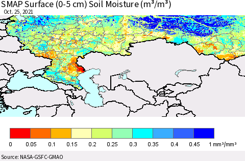 Russian Federation SMAP Surface (0-5 cm) Soil Moisture (m³/m³) Thematic Map For 10/21/2021 - 10/25/2021