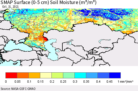 Russian Federation SMAP Surface (0-5 cm) Soil Moisture (m³/m³) Thematic Map For 10/26/2021 - 10/31/2021