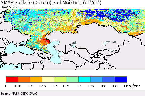 Russian Federation SMAP Surface (0-5 cm) Soil Moisture (m³/m³) Thematic Map For 11/1/2021 - 11/5/2021