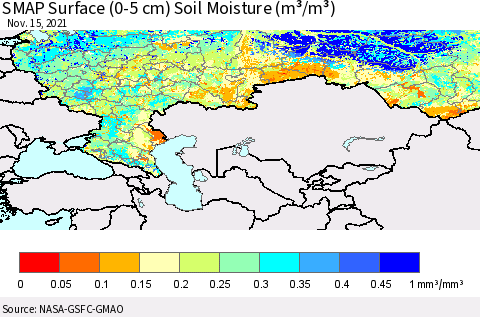 Russian Federation SMAP Surface (0-5 cm) Soil Moisture (m³/m³) Thematic Map For 11/11/2021 - 11/15/2021