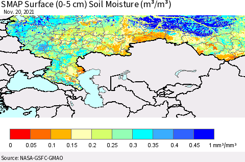 Russian Federation SMAP Surface (0-5 cm) Soil Moisture (m³/m³) Thematic Map For 11/16/2021 - 11/20/2021