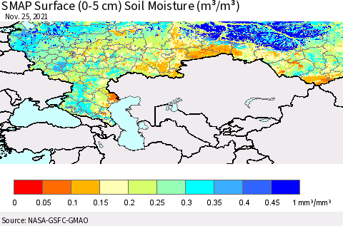 Russian Federation SMAP Surface (0-5 cm) Soil Moisture (m³/m³) Thematic Map For 11/21/2021 - 11/25/2021