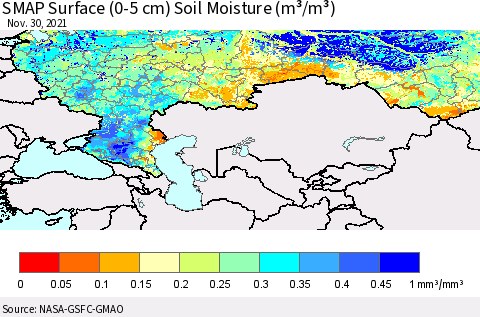 Russian Federation SMAP Surface (0-5 cm) Soil Moisture (m³/m³) Thematic Map For 11/26/2021 - 11/30/2021