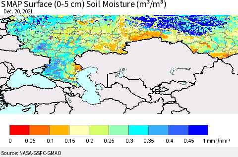 Russian Federation SMAP Surface (0-5 cm) Soil Moisture (m³/m³) Thematic Map For 12/16/2021 - 12/20/2021