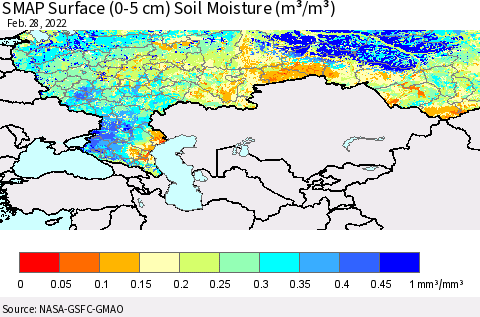 Russian Federation SMAP Surface (0-5 cm) Soil Moisture (m³/m³) Thematic Map For 2/26/2022 - 2/28/2022