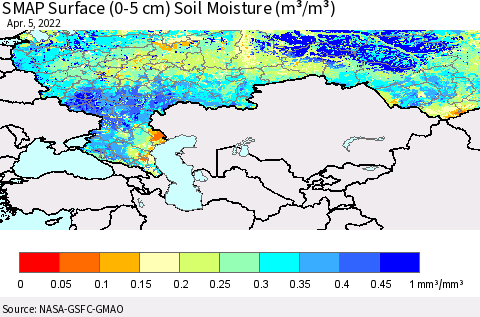 Russian Federation SMAP Surface (0-5 cm) Soil Moisture (m³/m³) Thematic Map For 4/1/2022 - 4/5/2022