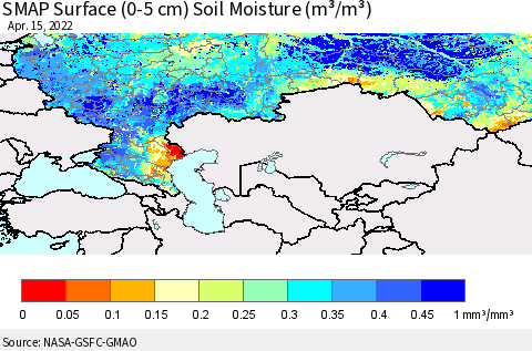 Russian Federation SMAP Surface (0-5 cm) Soil Moisture (m³/m³) Thematic Map For 4/11/2022 - 4/15/2022