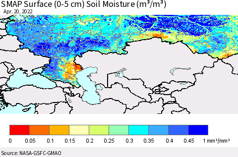 Russian Federation SMAP Surface (0-5 cm) Soil Moisture (m³/m³) Thematic Map For 4/16/2022 - 4/20/2022