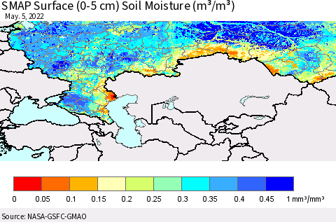 Russian Federation SMAP Surface (0-5 cm) Soil Moisture (m³/m³) Thematic Map For 5/1/2022 - 5/5/2022