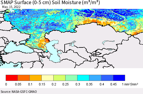 Russian Federation SMAP Surface (0-5 cm) Soil Moisture (m³/m³) Thematic Map For 5/11/2022 - 5/15/2022