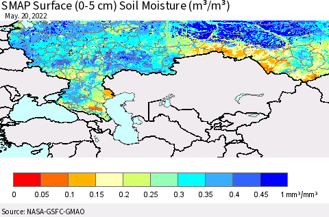 Russian Federation SMAP Surface (0-5 cm) Soil Moisture (m³/m³) Thematic Map For 5/16/2022 - 5/20/2022