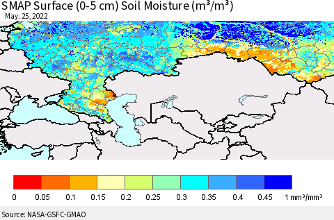 Russian Federation SMAP Surface (0-5 cm) Soil Moisture (m³/m³) Thematic Map For 5/21/2022 - 5/25/2022