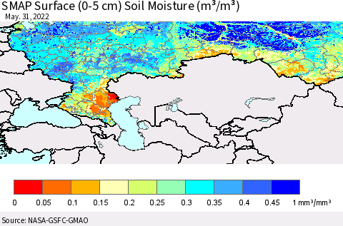 Russian Federation SMAP Surface (0-5 cm) Soil Moisture (m³/m³) Thematic Map For 5/26/2022 - 5/31/2022
