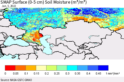 Russian Federation SMAP Surface (0-5 cm) Soil Moisture (m³/m³) Thematic Map For 6/1/2022 - 6/5/2022
