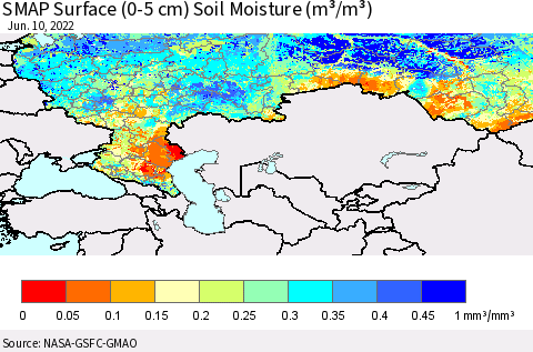 Russian Federation SMAP Surface (0-5 cm) Soil Moisture (m³/m³) Thematic Map For 6/6/2022 - 6/10/2022
